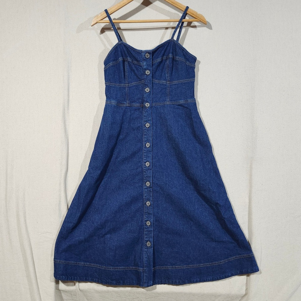 Womens Dark Wash Denim Button Front Midi Dress with Pockets Blue A-Line NEW